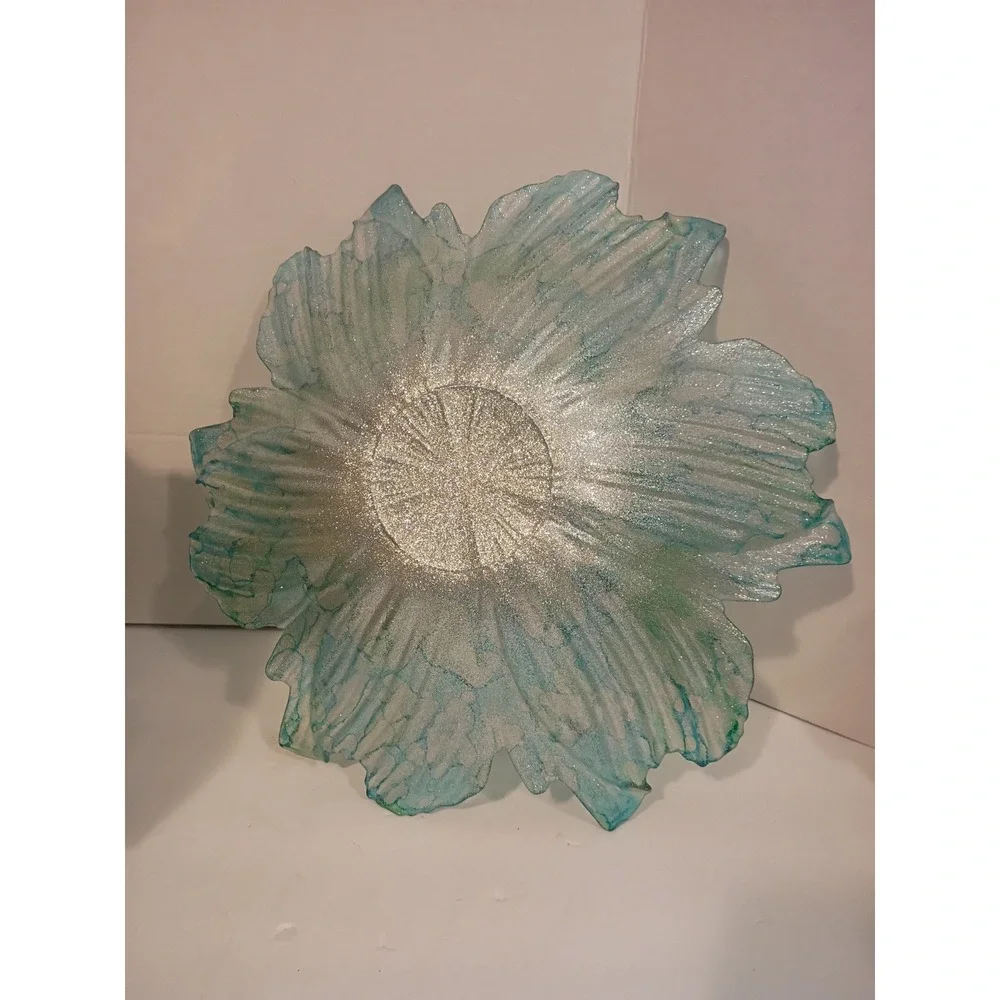 Teal and Silver Glitter Glass Flower Centerpiece Bowl Decorative Scalloped Dish